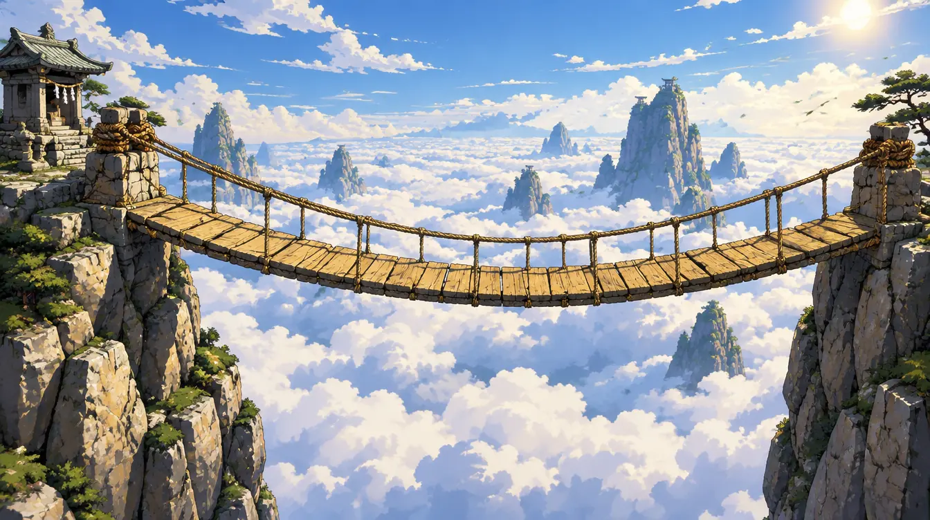 The Thousand Rope Bridge: a long plank bridge on hemp ropes between two rock pillars over endless clouds