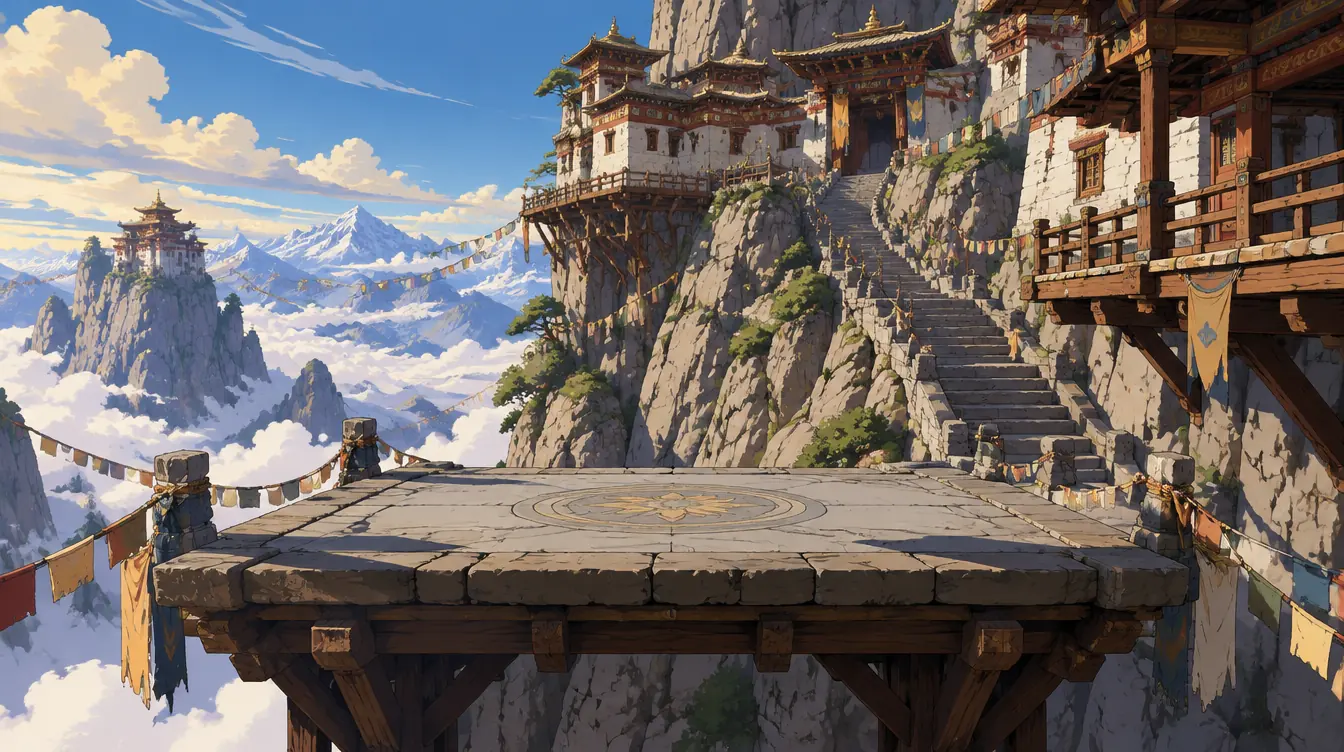 The Hanging Monastery: a timber monastery bolted to a vertical cliff with a stone platform jutting over the clouds