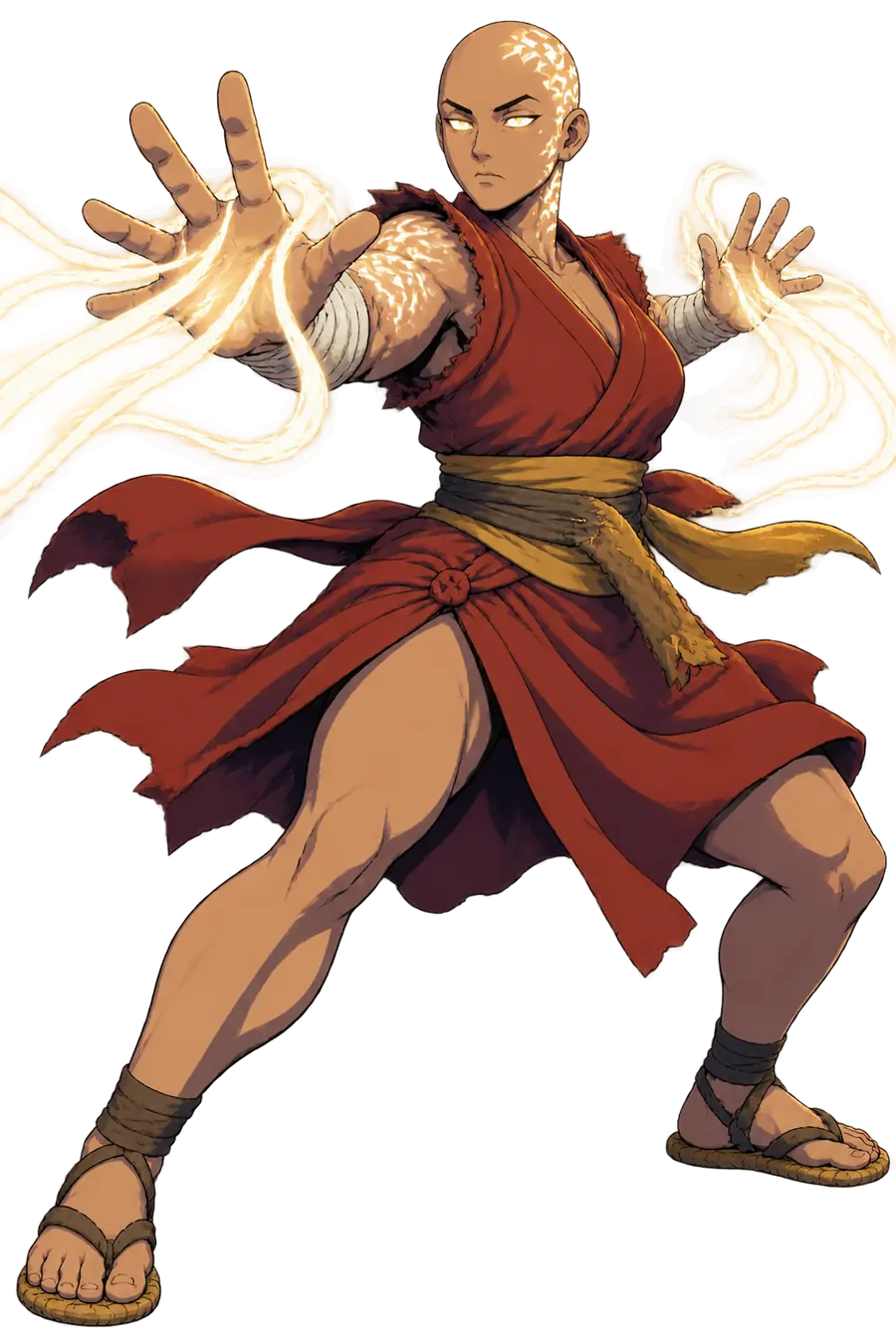 Mirei Sandoval in Ascended form drives one straight palm toward you, her scalp tattoos glowing gold