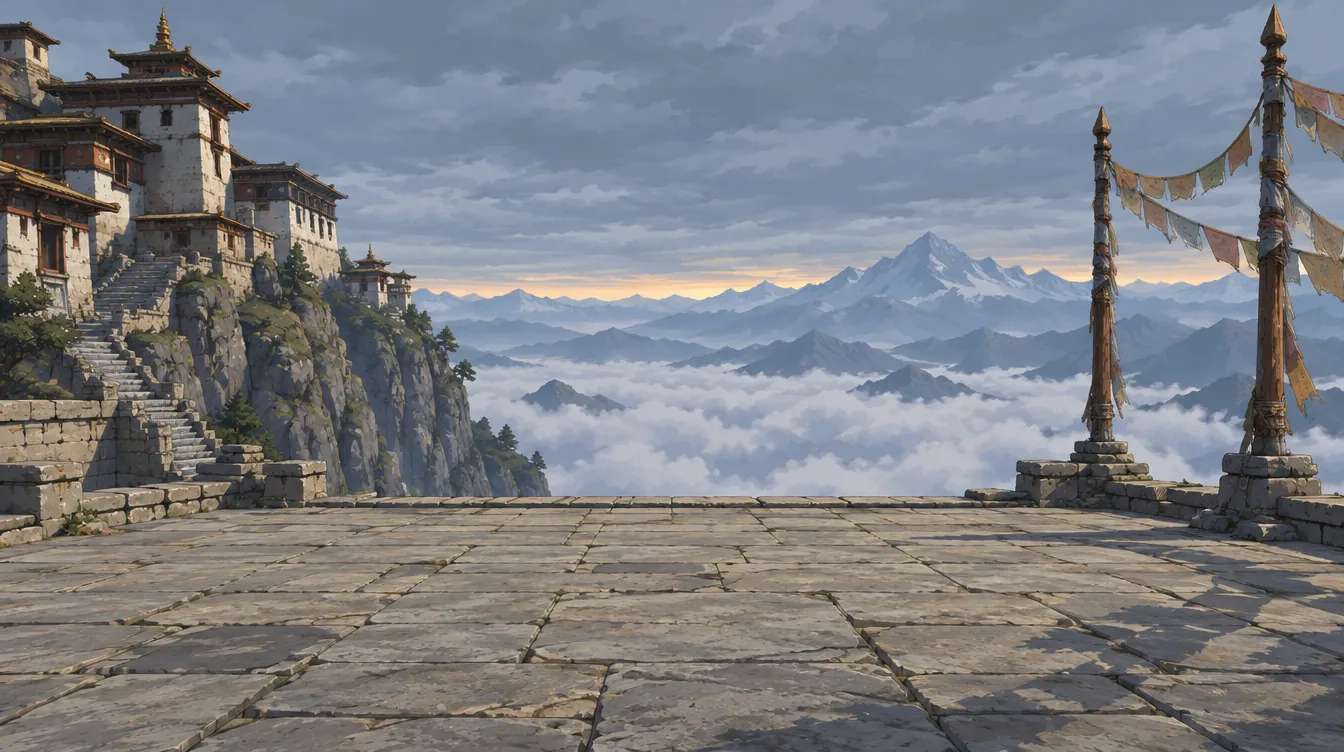 The Dawn Terrace: a paved granite terrace on a cliff edge with a monastery to the left and prayer flag poles to the right, above a sea of clouds at grey dawn
